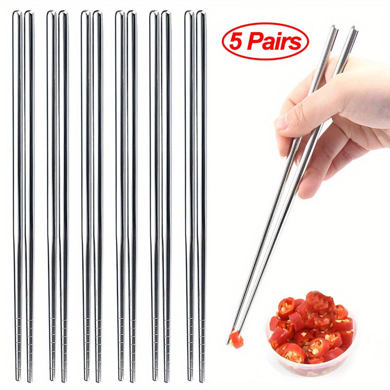 5 Pairs Durable Stainless Steel Non-slip Sushi Chopsticks, Korean Japanese Food Chopsticks, Kitchen Cutlery Flatware Set, Easy to Clean Kitchen Supplies