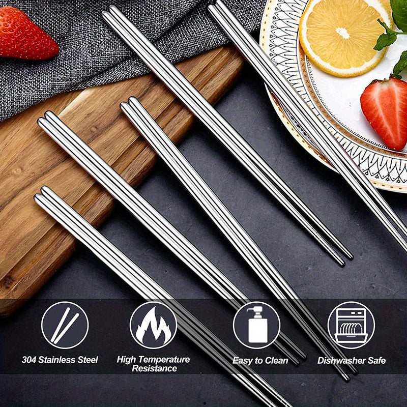 5 Pairs Durable Stainless Steel Non-slip Sushi Chopsticks, Korean Japanese Food Chopsticks, Kitchen Cutlery Flatware Set, Easy to Clean Kitchen Supplies
