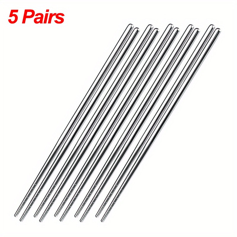 5 Pairs Durable Stainless Steel Non-slip Sushi Chopsticks, Korean Japanese Food Chopsticks, Kitchen Cutlery Flatware Set, Easy to Clean Kitchen Supplies