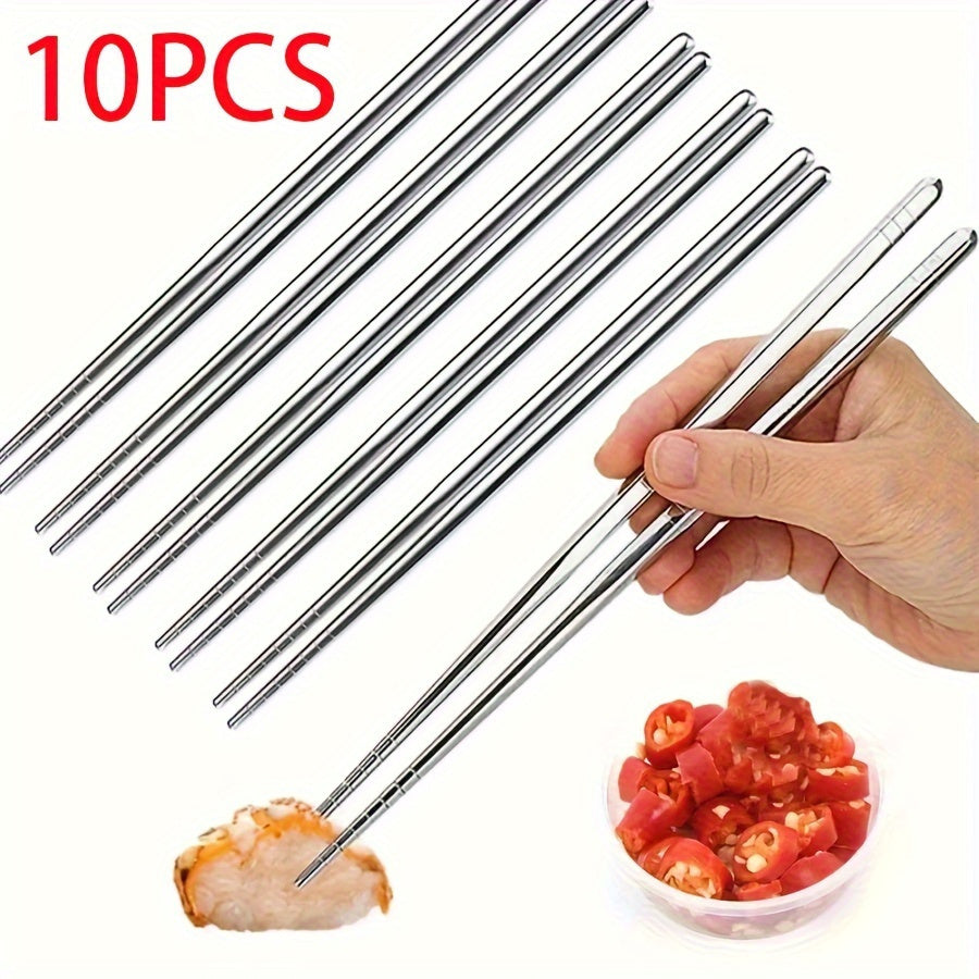 10pcs Stainless Steel Non-slip Chinese Chopsticks, Reusable, for Restaurant, Kitchen, Tableware Set, Sushi Food Sticks