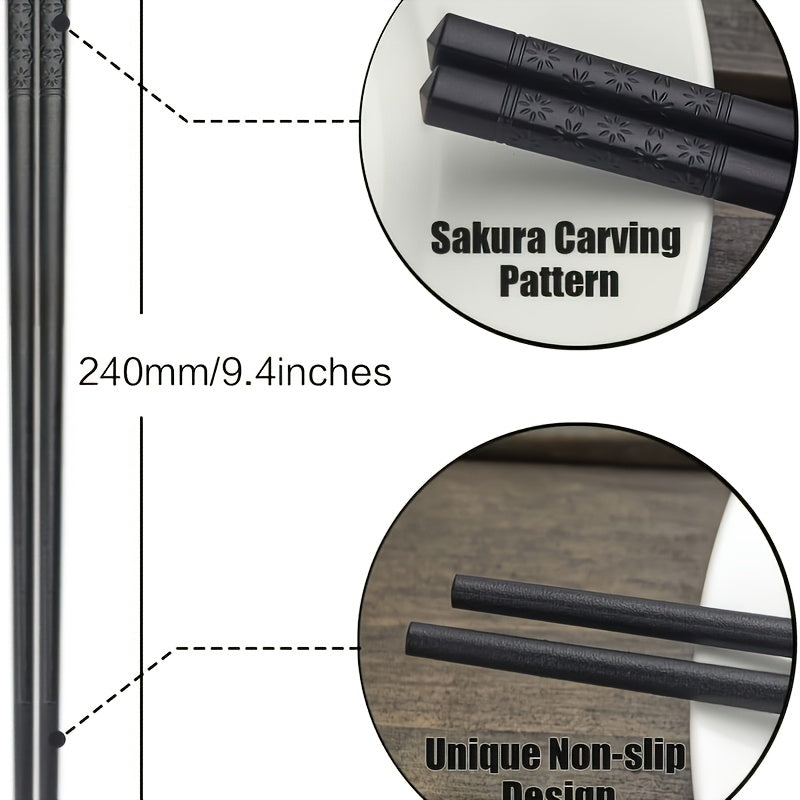 5 Pairs Black Patterned Chopsticks, Household Anti-slip Chopsticks, High Temperature Resistant