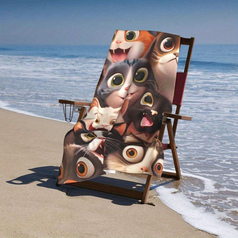 1pc Adorable Cartoon Cat & Kitten Print Towel - Ultra-Soft, Absorbent Polyester, 27.5x55 Inch - Perfect for Bath, Beach, Sports, Spa, Yoga, Gym - Ideal Gift for Cat Lovers