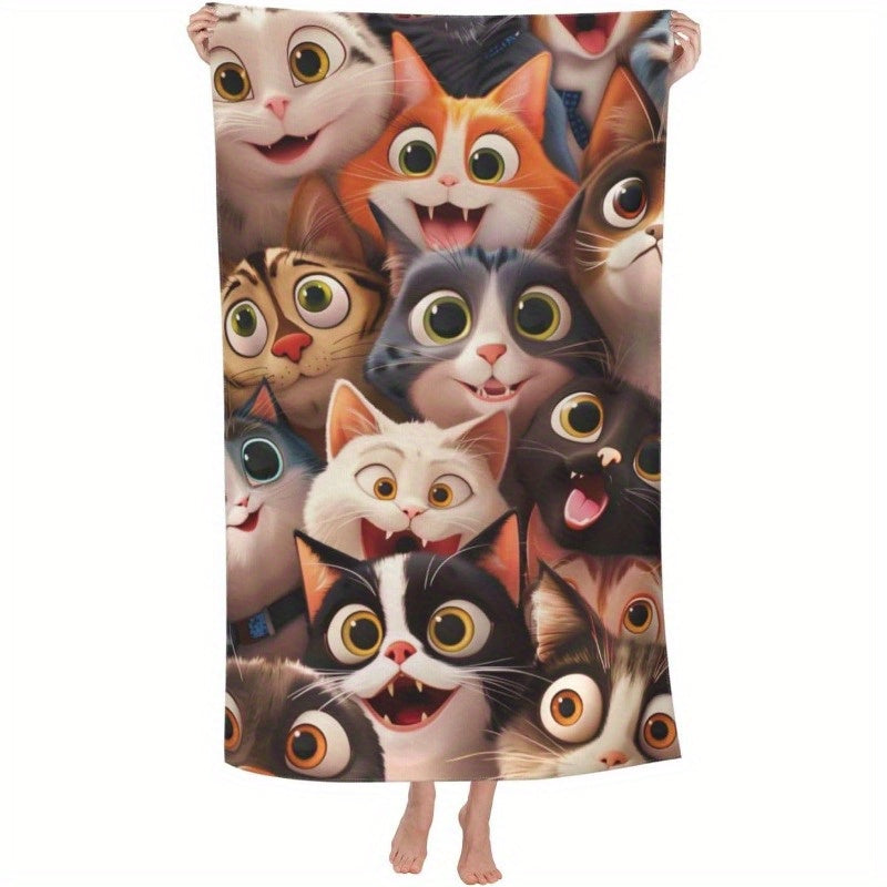 1pc Adorable Cartoon Cat & Kitten Print Towel - Ultra-Soft, Absorbent Polyester, 27.5x55 Inch - Perfect for Bath, Beach, Sports, Spa, Yoga, Gym - Ideal Gift for Cat Lovers