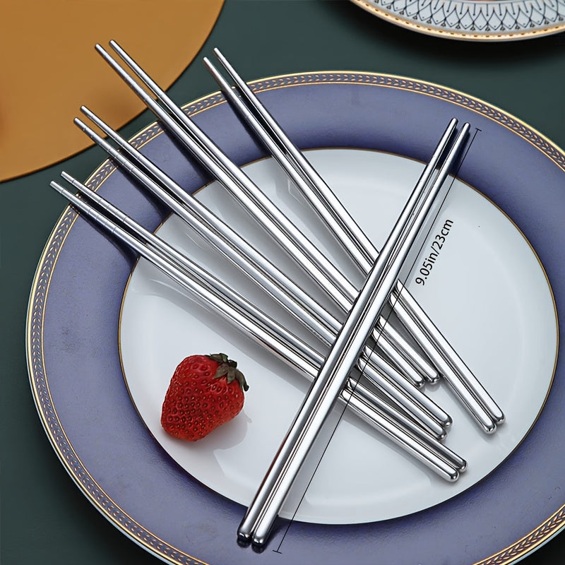 5 Pairs Durable Stainless Steel Non-slip Sushi Chopsticks, Korean Japanese Food Chopsticks, Kitchen Cutlery Flatware Set, Easy to Clean Kitchen Supplies