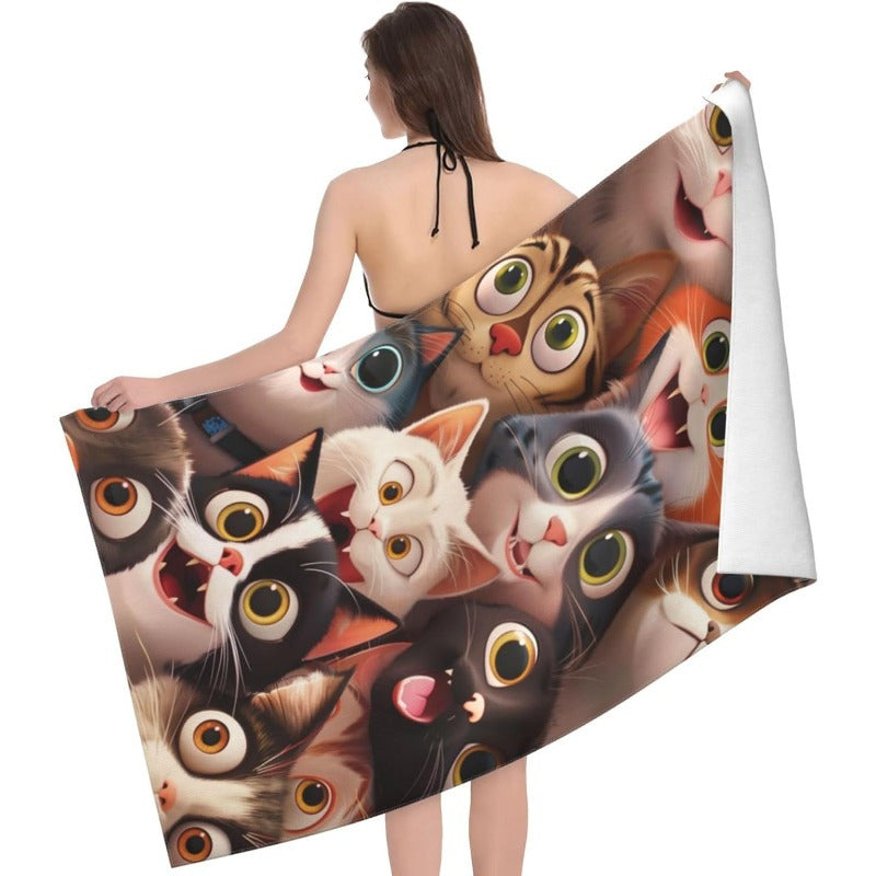 1pc Adorable Cartoon Cat & Kitten Print Towel - Ultra-Soft, Absorbent Polyester, 27.5x55 Inch - Perfect for Bath, Beach, Sports, Spa, Yoga, Gym - Ideal Gift for Cat Lovers