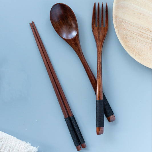 3pcs Japanese-Style Wooden Tableware Set - Spoon, Chopsticks & Fork - Convenient & Stylish!