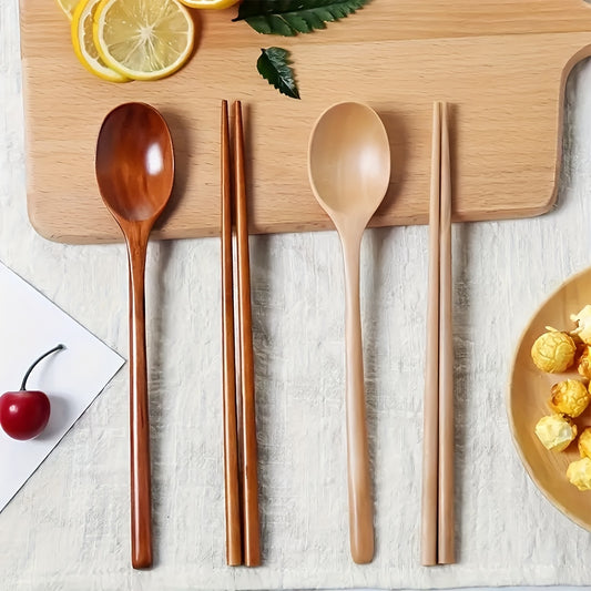 8pcs Japanese Style Wooden Spoon and Chopsticks Set - Reusable Kitchen Utensils for Dining and Cooking