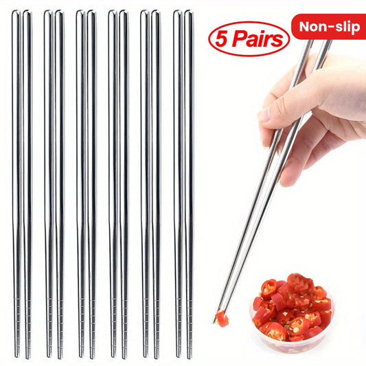 5 Pairs Durable Stainless Steel Non-slip Sushi Chopsticks, Korean Japanese Food Chopsticks, Kitchen Cutlery Flatware Set, Easy to Clean Kitchen Supplies